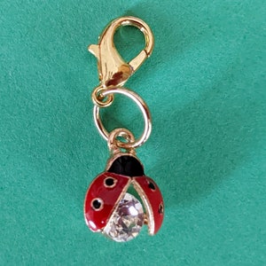 Lady Bug Clip On Charm, Planner Charm, Zipper Pull, Purse Charm, Gold Plated Claw Clasp with Enamel Charm
