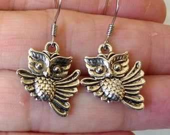 Flying Owl Dangle Earrings: Silver Charms, Sterling Silver Ear Wires