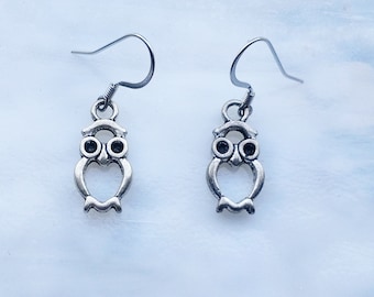 Owl Dangle Earrings: Silver Charms, Sterling Silver Ear Wires