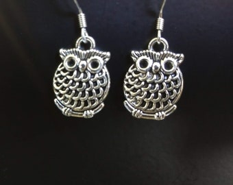 Owl Dangle Earrings: Silver Charms, Stainless Steel Hooks