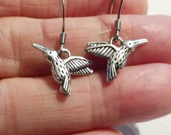 Hummingbird Dangle Earrings: Silver Charms, Sterling Silver Ear Wires