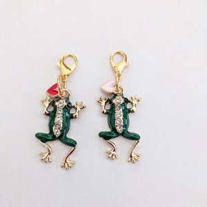 Enamel Frog Clip On Charm, Frog with Crystals Charm, Planner Charm, Zipper Pull, Purse Charm, Gold Plated Claw Clasp with Enamel Charm