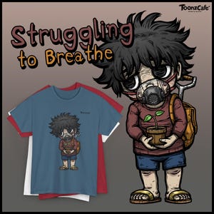 呼吸に苦労している、かわいい漫画キャラクターのユニセックス厚手コットンTシャツ、遊び心のあるTシャツ、象徴芸術、カジュアルウェア、楽しいファッション、図像学