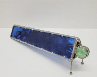 VTG blauw gebrandschilderd glas groot groen marmer handgemaakte driehoekige caleidoscoop 9"
