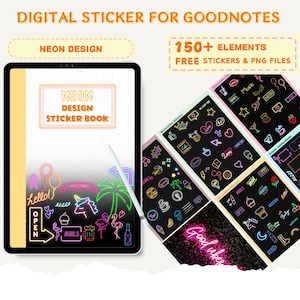 May include: A digital sticker book for the Goodnotes app with a neon design theme. The cover features a neon sign that says "Neon Design Sticker Book". The book includes over 150 elements, including stickers and PNG files.