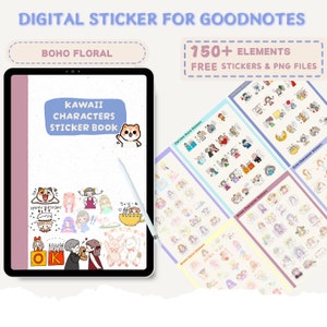 May include: Digital sticker set for Goodnotes with Kawaii characters. The set includes over 150 elements, free stickers, and PNG files. The image shows a tablet with a sticker book and various sticker sheets with cartoon and anime characters.