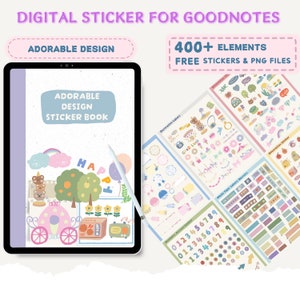 May include: A digital sticker book for the Goodnotes app with 400+ elements. The cover features a cute cartoon illustration of a bear, a tree, a carriage, and a radio. The stickers include various designs, such as decorations, washi tape, labels, banners, and numbers.