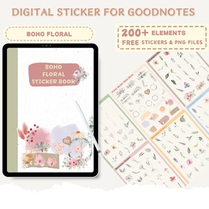 Può includere: Set di adesivi digitali per Goodnotes con tema Boho Floral. L'immagine mostra un tablet con un libro di adesivi digitali e uno stilo. Vengono visualizzati adesivi e file PNG aggiuntivi, con il testo "200+ ELEMENTS FREE STICKERS & PNG FILES".