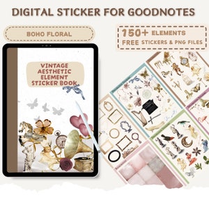 Può includere: Un libro di adesivi digitali per l'app Goodnotes con un tema floreale boho. La copertina presenta un'estetica vintage con un grammofono, un cavallo di carosello, un orologio e un palloncino a forma di cuore. Il libro include oltre 150 elementi, tra cui adesivi gratuiti e file PNG.