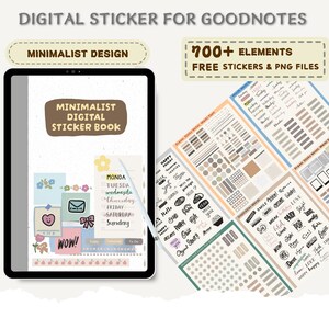 May include: A digital sticker book for the Goodnotes app, featuring a minimalist design. The cover shows a digital tablet with a sticker book open on the screen. The sticker book has a brown title bar that says "Minimalist Digital Sticker Book". The sticker book contains a variety of stickers, including a calendar, a to-do list, and a variety of other designs. The image also shows a variety of stickers that are available in the sticker book, including a variety of shapes, colours, and designs.
