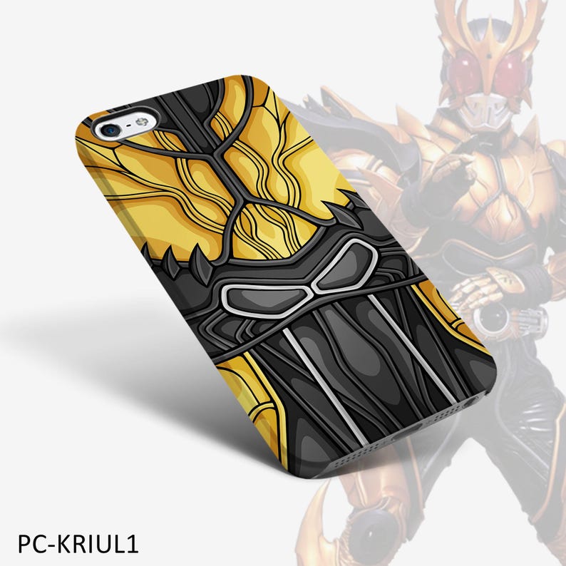 May include: A phone case featuring a yellow and black design with a stylized graphic. The case has a detailed pattern and the text "PC-KRIUL1" is visible at the bottom. The design appears to be inspired by a character.