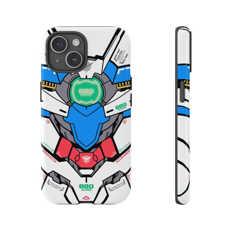 May include: White phone case featuring a detailed, colorful design reminiscent of a mecha robot. The design incorporates blue, red, and green accents, with intricate paneling and mechanical details. The case also has a black camera cutout.