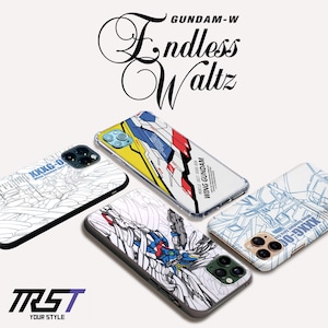 May include: Four smartphone cases featuring Gundam-W Endless Waltz designs. The cases display various mechanical illustrations, including a colorful Wing Gundam, line art, and text such as XXXG-00W and Mobile Suit Wing Gundam. The TRST logo is visible.