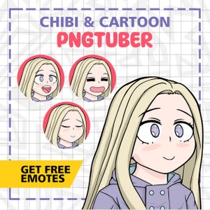 Könnte beinhalten: Digitales Kunstwerk mit einer Cartoon-Figur mit langen blonden Haaren und lila Augen. Das Bild enthält drei kleinere kreisförmige Porträts mit unterschiedlichen Gesichtsausdrücken. Der Text lautet "CHIBI & CARTOON PNGTUBER" und "GET FREE EMOTES".
