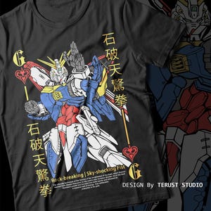 Camiseta God Gundam, estilo streetwear anime mecha, unissex em algodão pesado.