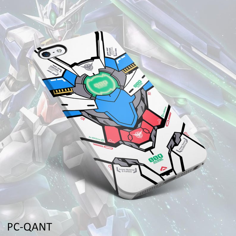 May include: White phone case with a colorful graphic design featuring blue, red, and green accents. The design has a futuristic, mechanical aesthetic. The text "PC-QANT" is visible at the bottom.