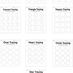 Può includere: Una raccolta di dieci schede didattiche per tracciare forme, tra cui pentagoni, rombi, rettangoli, mezzelune, triangoli, quadrati, ovali, cuori, cerchi e stelle. Ogni pagina presenta un titolo, una riga per la data e file di contorni tratteggiati.
