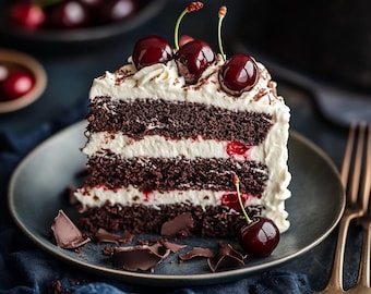 May include: A three-layered chocolate cake with white frosting and a cherry topping. The cake is on a white plate with chocolate shavings.