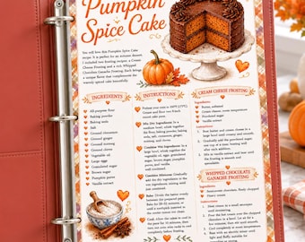 Pumpkin Spice Cake with 2 Frosting Illustrated Recipe Card | Printable Kitchen Binder Page | Gift for Bakers PDF