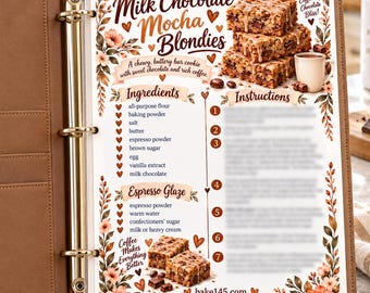 Milk Chocolate Mocha Blondies Illustrated Recipe Card | Printable Kitchen Binder Page | Gift for Bakers PDF