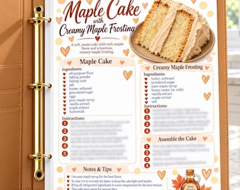 Best Maple Cake and Creamy Frosting Recipe Card | Illustrated Kitchen Binder Page | Gift for Bakers PDF
