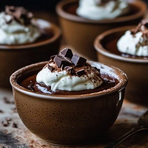 Puede incluir: Cuatro porciones individuales de mousse de chocolate cubiertas con crema batida y virutas de chocolate en cuencos marrones sobre una superficie de madera.