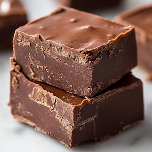 May include: Close-up of two stacked squares of dark chocolate fudge. The top layer has a smooth, glossy surface, while the sides reveal a textured, slightly crumbly appearance. Other fudge squares are visible in the background.