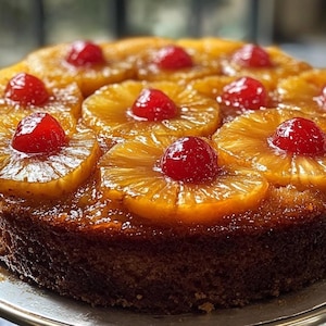 Può includere: Una torta rovesciata all'ananas di colore marrone dorato con una glassa lucida e ciliegie maraschino rosse in cima.