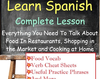 Learn Spanish Language - Food Bundle | Verb Charts + Phrase Book + Food Vocabulary + Printable Worksheets - Download