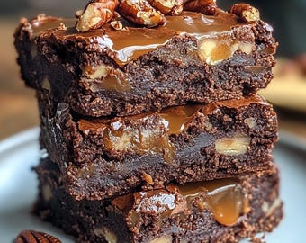 May include: A stack of three chocolate brownies topped with caramel and pecans. The brownies are on a light blue plate.