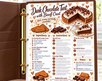 Dark Chocolate Tart with Biscoff Crust Recipe Card | Illustrated Kitchen Binder Page | Gift for Bakers PDF