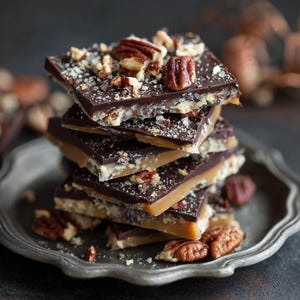 Pode incluir: Uma pilha de quadrados de caramelo de chocolate cobertos com nozes picadas e nozes pecan inteiras. O caramelo é em camadas com uma base clara e crocante e está sobre um prato decorativo prateado. O fundo é escuro.