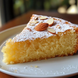 Puede incluir: Una rebanada de pastel de almendras con azúcar en polvo y almendras en rodajas en la parte superior. El pastel está en un plato blanco.