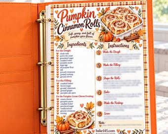 Autumn Pumpkin Cinnamon Rolls Printable Recipe Card | Illustrated Kitchen Binder Page | Gift for Bakers PDF