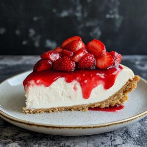 Makkelijk recept voor cheesecake zonder bakken met verse aardbeiensaus | Afdrukbaar pdf-dessertrecept | Direct downloaden