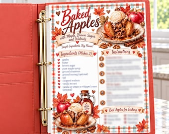 Baked Apples with Maple, Brown Sugar and Walnuts Printable Recipe Card | Illustrated Kitchen Binder Page | Gift for Bakers PDF