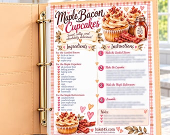Maple Bacon Cupcakes Printable Recipe Card | Illustrated Kitchen Binder Page | Gift for Bakers PDF