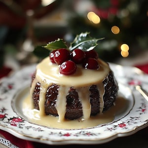 Op de afbeelding: Een traditionele kerstpudding, bedekt met een romige saus en versierd met rode kersen en hulstbladeren. De pudding wordt gepresenteerd op een vintage bord met een bloemenontwerp, een klassieke feestelijke traktatie.