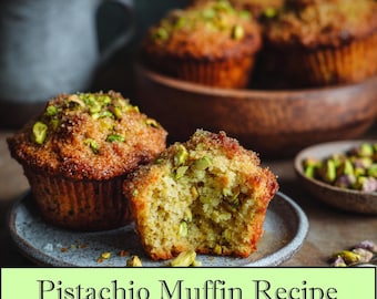 May include: A close-up of a pistachio muffin, cut in half, revealing a light green interior. The muffin is topped with chopped pistachios and sits on a gray plate. The text "Pistachio Muffin Recipe" is displayed in a green box.