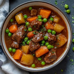 Puede incluir: Un cuenco de estofado de ternera con trozos de carne, zanahorias, patatas y guisantes verdes. El estofado tiene un caldo marrón oscuro y está adornado con hierbas frescas.