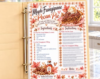 Maple Frangipane Pecan Pie Printable Recipe Card | Illustrated Kitchen Binder Page | Gift for Bakers PDF