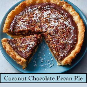 Puede incluir: Una tarta de coco, chocolate y nueces pecanas en un plato azul. La tarta tiene una corteza dorada, una capa de chocolate y una cobertura de nueces pecanas y copos de coco. Se ha cortado y retirado una porción.