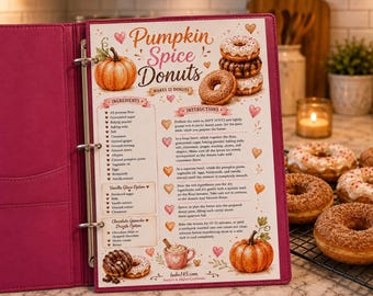 Pumpkin Spice Donuts Illustrated Recipe Card | Printable Kitchen Binder Page | Gift for Bakers PDF
