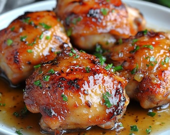Puede incluir: Cuatro muslos de pollo dorados con un glaseado brillante, adornados con perejil fresco, en un plato blanco.