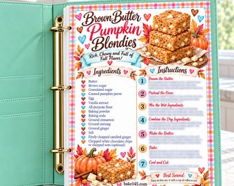 Pumpkin Blondies with Brown Butter Printable Recipe Card | Illustrated Kitchen Binder Page | Gift for Bakers PDF
