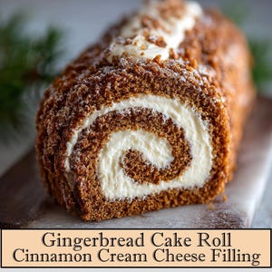 Puede incluir: Un rollo de pastel de jengibre con relleno de crema de queso y canela. El pastel es de color marrón cálido, cubierto de migas y relleno con una crema blanca. El extremo del rollo revela un patrón en espiral. Texto en la imagen: Gingerbread Cake Roll Cinnamon Cream Cheese Filling.