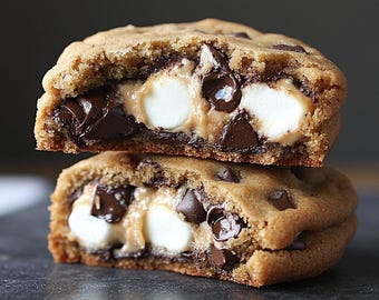 May include: A chocolate chip cookie sandwich filled with peanut butter and marshmallows. The cookie is cut in half and the filling is visible.