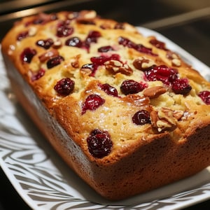 May include: A golden-brown loaf of cranberry nut bread, baked to perfection. The bread is studded with bright red cranberries and pieces of walnuts and almonds. The loaf sits on a white plate with a black and white design.