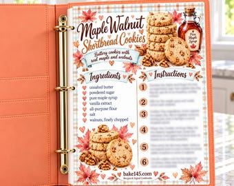Maple Walnut Shortbread Cookies Printable Recipe Card | Illustrated Kitchen Binder Page | Gift for Bakers PDF