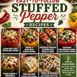 7 Delicious Stuffed Peppers Recipes Bundle, Easy Dinner Download
